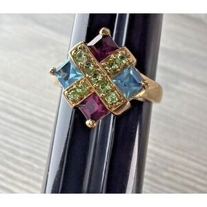 New Vintage Multi Gem Crystal Ring 14Kt Electroplated Size 9 Amethyst Blue Topaz